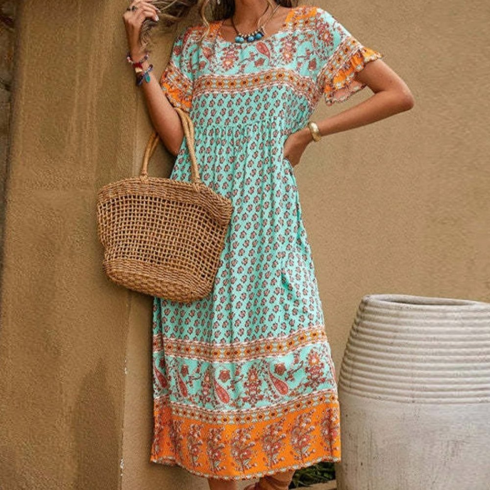 NWT Orange/Mint Green Empire Waist Midi Dress - Sz L